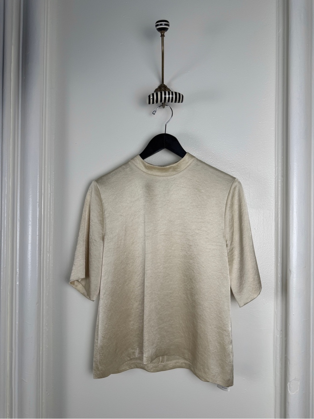 Nanushka Short-Sleeve Mock Neck Satin Shirt in Cream